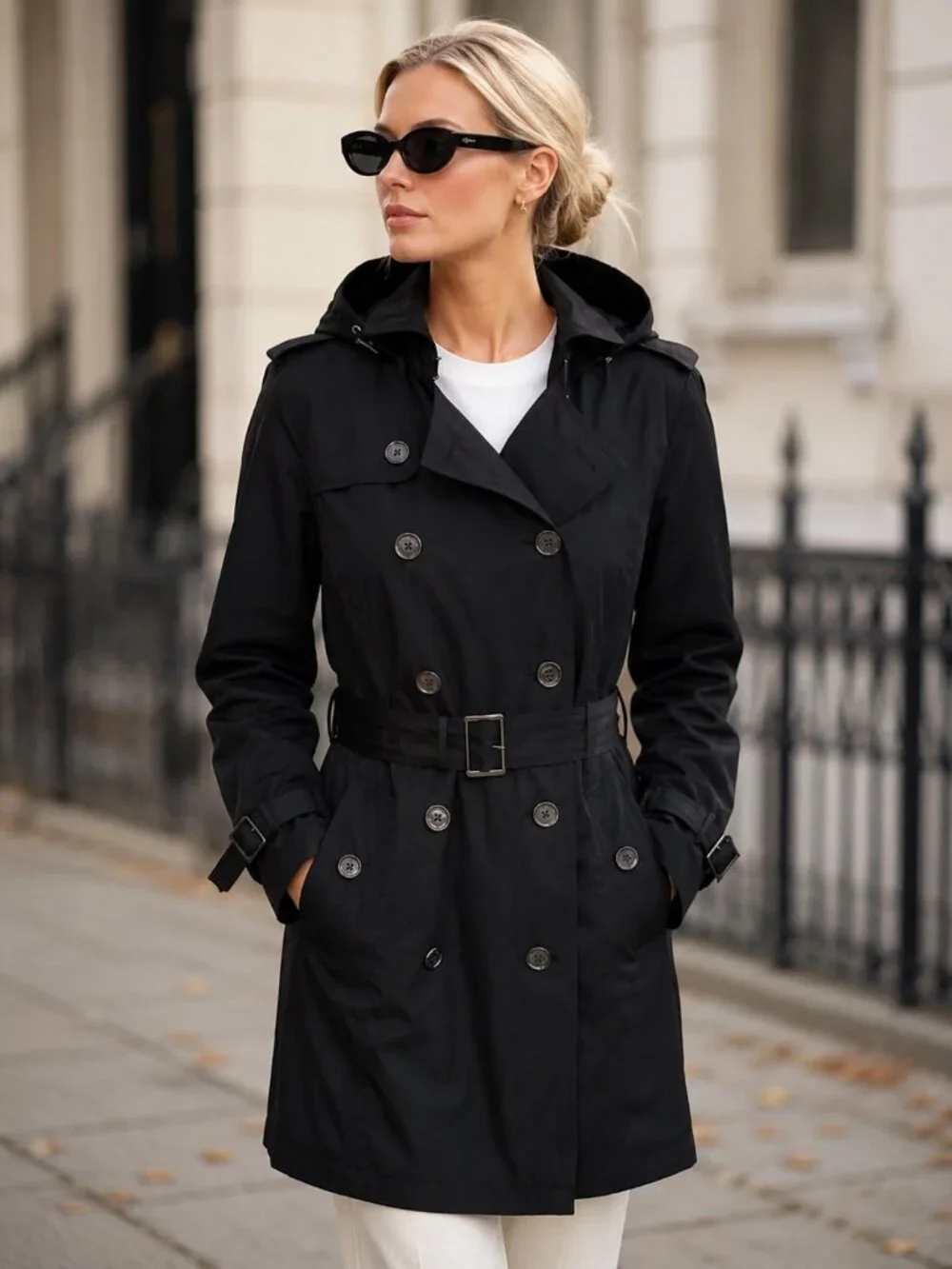 Michael Kors Black Hooded Double Breasted Belted Trench Coat Size L